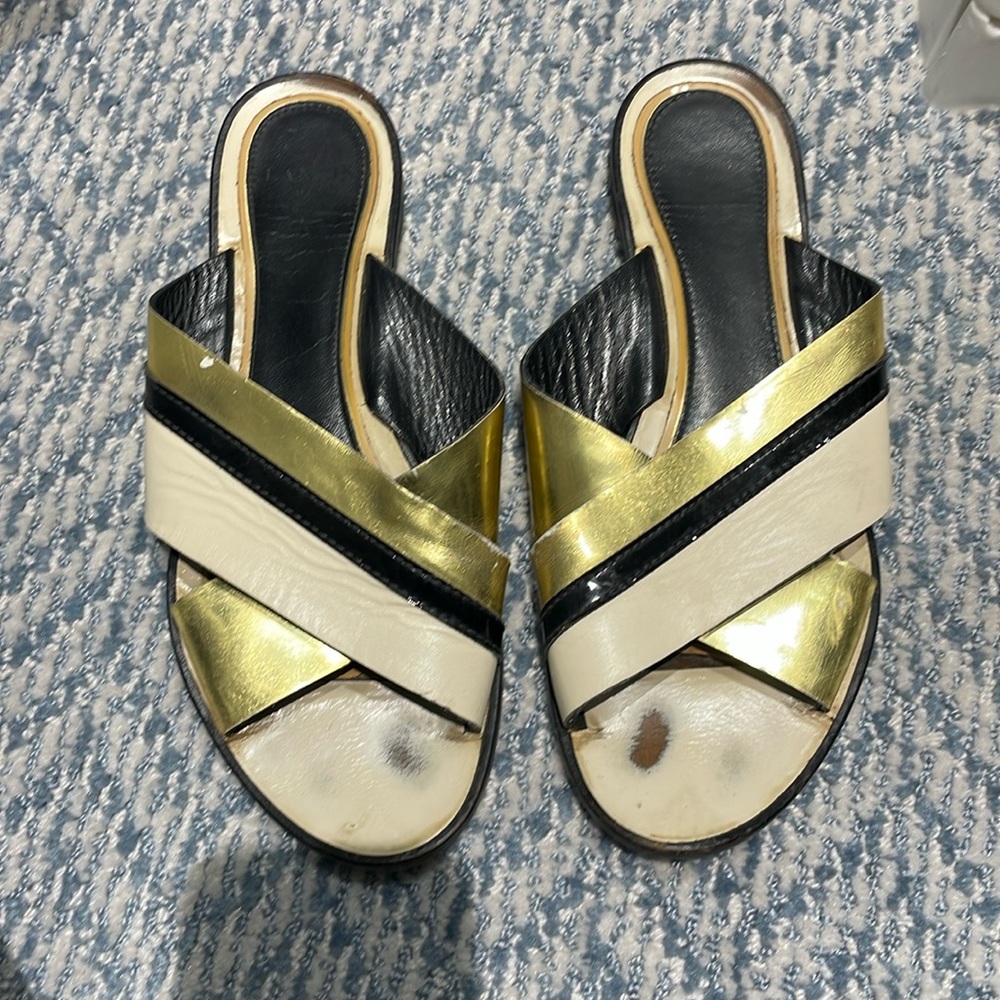 Lanvin size 38 sandals slides gold black ivory